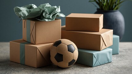 Blank packaging boxes and plain football on tabletop with green tissue paper