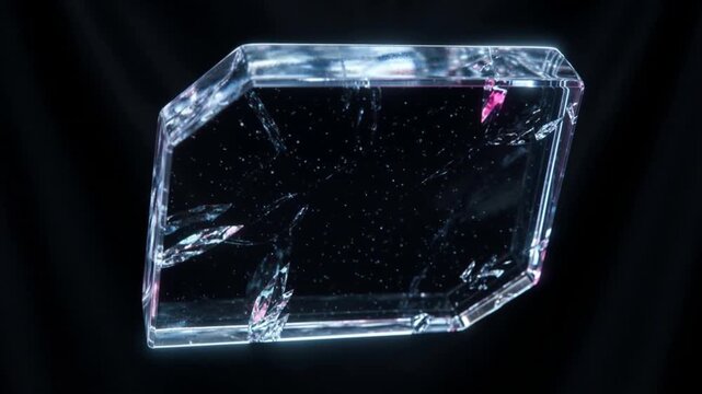 Cinematic macro of a crystalline solid electrolyte slab glowing in dark space