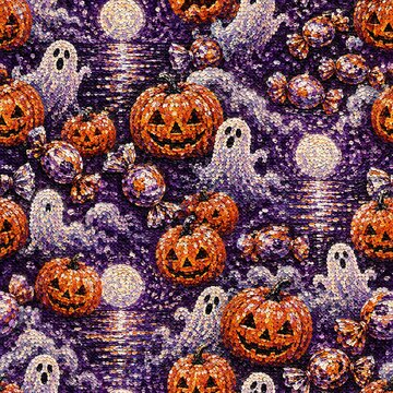 Seamless Halloween pattern with textured impasto oil painting of spooky jack o lanterns, ghosts, candy, and full moon on purple background