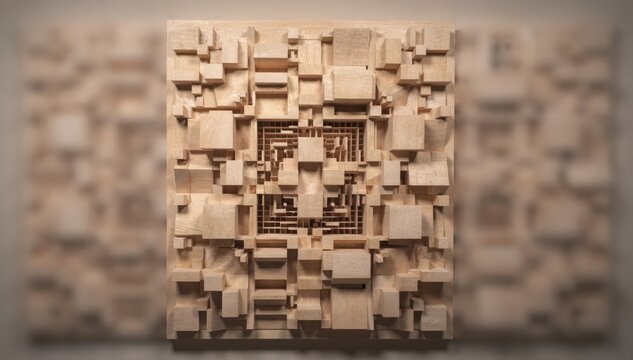 Medium shot of a QRD block diffuser wall with the main section sharply focused showcasing intricate geometric patterns that scatter sound effectively.