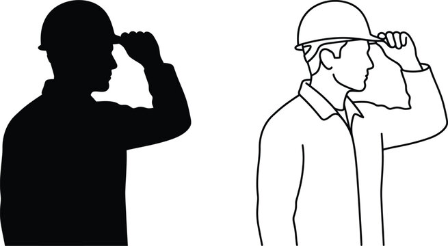 construction worker silhouette icon wearing hard hat holding helmet hand drawn line art
