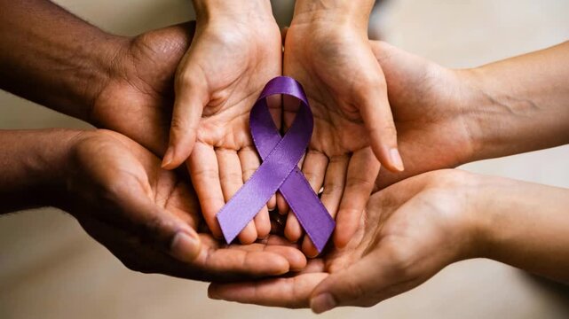 Diverse hands holding a purple awareness ribbon. Multicultural group showing unity and support. Healthcare and social cause concept
