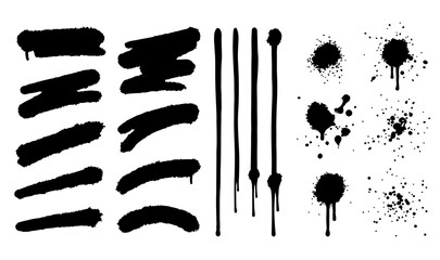 Black spray paint brush strokes and drips, urban graffiti splatter elements vector set, grunge ink blots and textured aerosol lines for street art design © TXPHIC