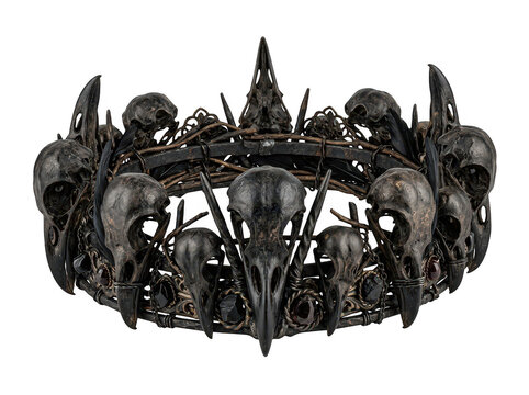 Elaborate dark crown with bird skulls and gems isolated on transparent background