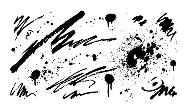 Grunge ink splatter and brush stroke collection, black paint drips and spray texture vector elements, hand drawn artistic scribbles for graphic design