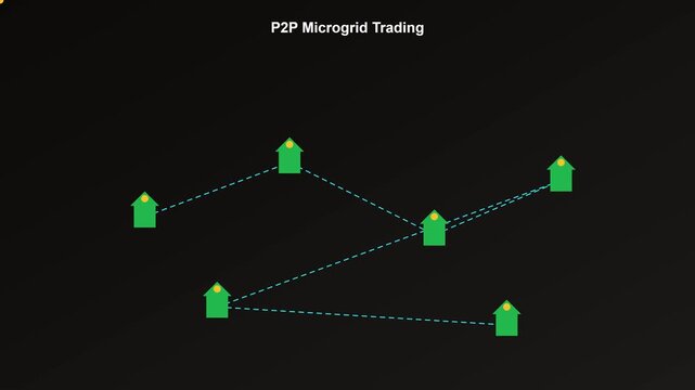 P2 p microgrid energy trading network animation: decentralized renewable power distribution and smart grid connectivity concept