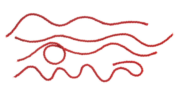 Red string, set rope isolated on white background, clipping path, design element