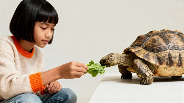Young Asian girl feeding a large tortoise lettuce. Child interacting with a pet reptile against a white background. Nature education and animal care concept