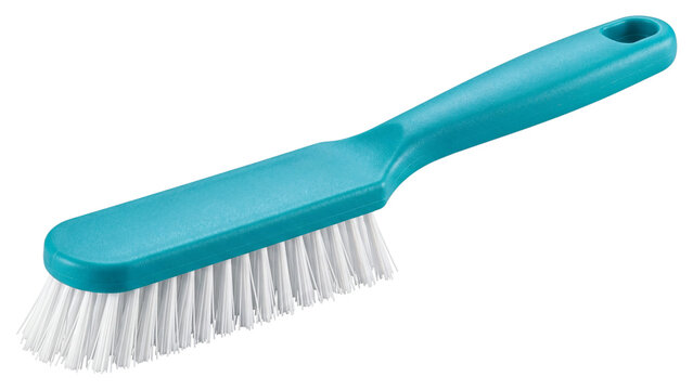 Turquoise hand cleaning brush isolated PNG on transparent background, long handled scrubber with white bristles