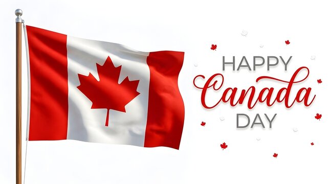 Canada day celebration waving canadian flag with maple leaf and festive typography