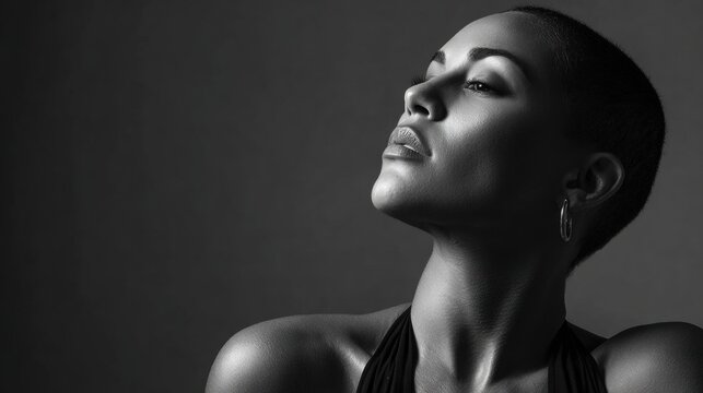 This black and white portrait captures a confident woman with a short buzz cut, looking upwards with a serene and determined expression. The studio lighting creates dramatic shadows and highlights.