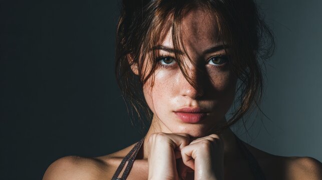 Intensity and emotion through a dramatic portrait of a young woman. Her face is partially shadowed, highlighting her direct gaze and thoughtful expression, conveying strength and vulnerability.