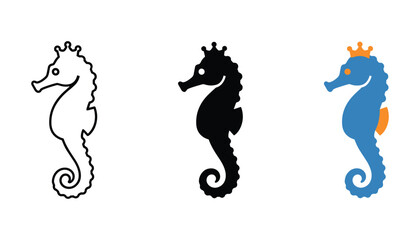 Seahorse icons wearing crowns in line art solid black and flat color styles for fantasy and aquatic theme designs © TARU STOCKPLC