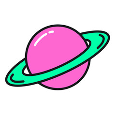Fototapeta premium A cartoon pink planet with a green ring isolated on transparent background