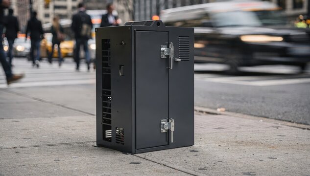 Focused image of an urban sidewalk edge computing enclosure showcasing robust locking mechanisms with the busy city street and blurred commuters in the backdrop.