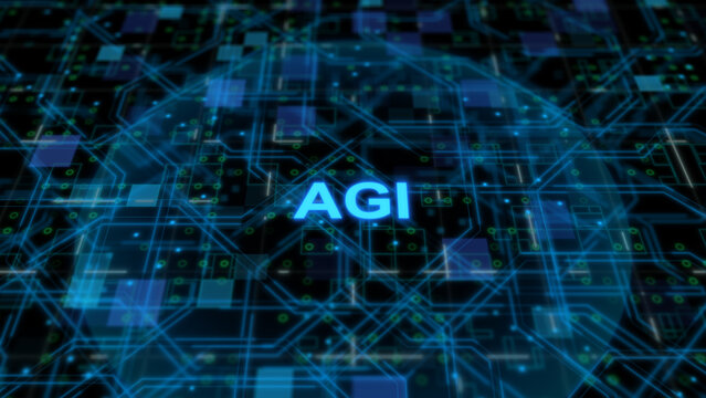 Futuristic AGI artificial intelligence neural network with digital brain circuit representing deep learning machine computing and smart algorithm innovation technology