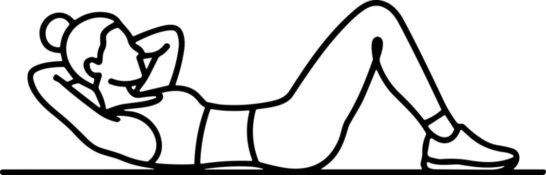 Woman doing a crunch exercise for core strength, line art illustration
