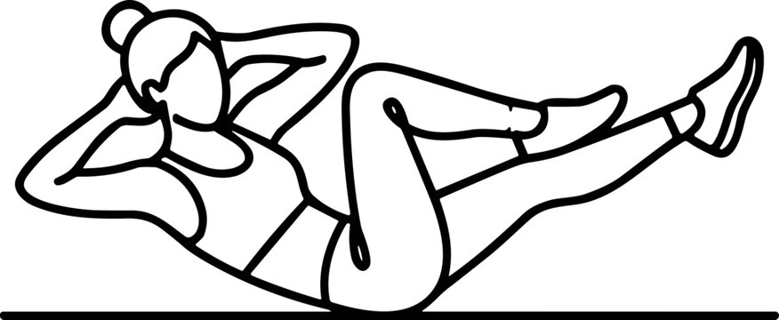 Woman doing bicycle crunches, line art illustration of a fitness exercise for abs