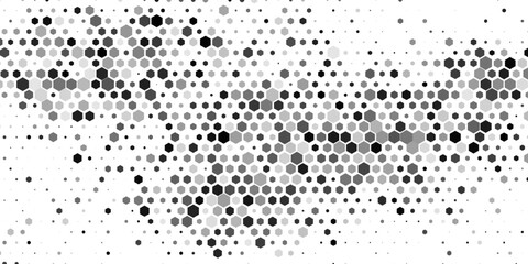 Black hexagon gradient texture. Fading honeycomb pattern background. Geometric hexagonal halftone tech overlay backdrop. Horizontal grunge halfton wallpaper. Vector retro technology dot texure © SAFRAN
