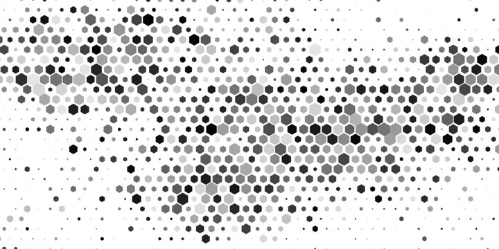 Black hexagon gradient texture. Fading honeycomb pattern background. Geometric hexagonal halftone tech overlay backdrop. Horizontal grunge halfton wallpaper. Vector retro technology dot texure