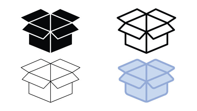 Four different colored open box icons in various styles and colors side by side
