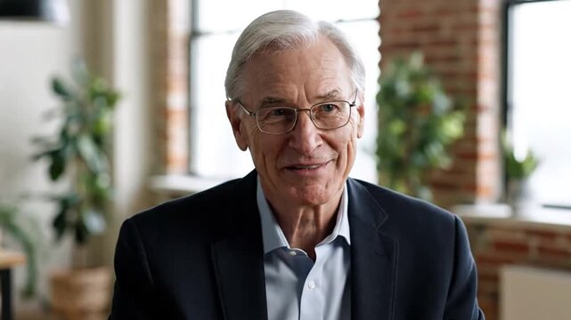 Senior businessman with glasses speaking to camera and explaining in modern brick office with plants background