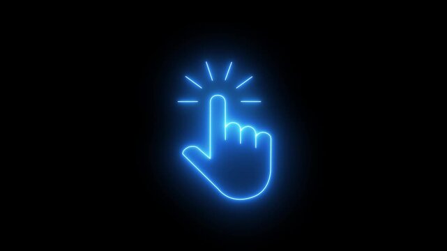 Glowing neon hand mouse cursor icon on black background. hand cursor with click and accent. Mouse pointer hand click icon animation.4k motion video .