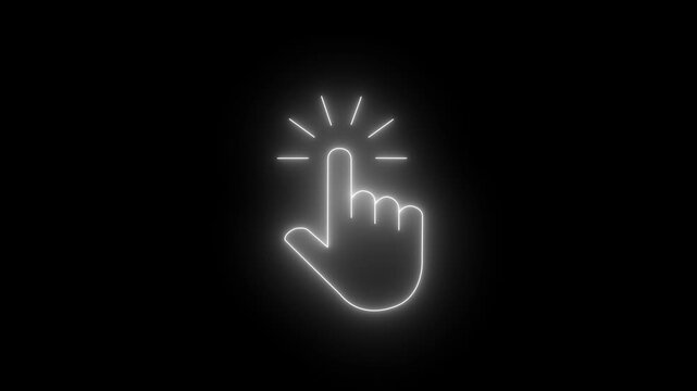 Glowing neon hand mouse cursor icon on black background. hand cursor with click and accent. Mouse pointer hand click icon animation.4k motion video .