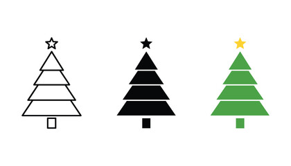 Fototapeta premium Set of three christmas tree icons in linear solid and flat colored design styles for holiday projects