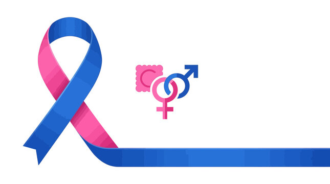 Awareness ribbon with gender symbols and condom icon representing sexual health and disease prevention.