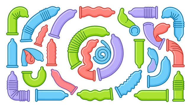 A colorful collection of various condom shapes and textures arranged in a pattern.
