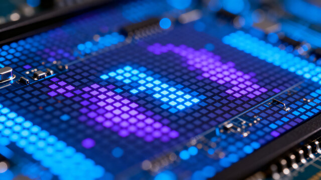 Abstract macro view of a digital screen showing glowing blue and purple diodes forming a mosaic pixel texture, representing modern RGB display technology with vibrant electronic background pattern vis