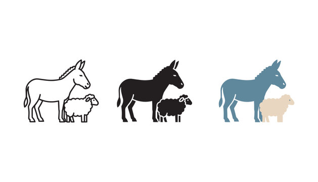 Donkey and sheep animal icon set showing line art solid black and stylized color versions as farm livestock symbols for agricultural educational materials and wildlife graphic design projects