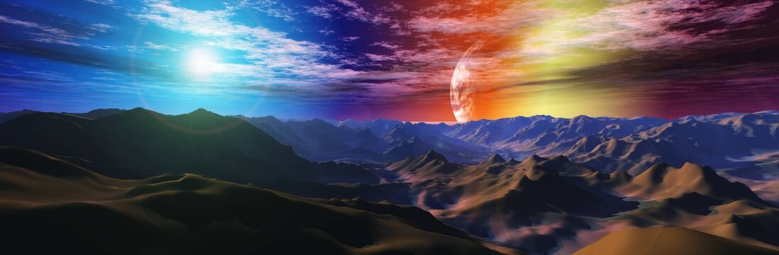 Alien landscape, alien sunset, alien surface under formidable clouds, sunrise on another planet, alien canyon, 3D rendering