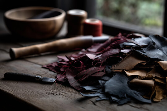 Leather offcuts with a skiving knife, wooden mallet and thread spools on a rustic workbench by a window, cozy artisan leather craft workshop