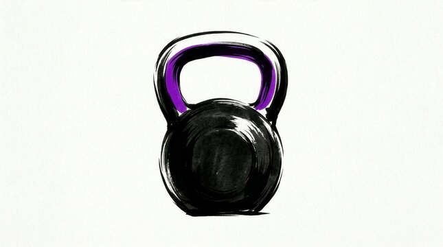Ink illustration of a black kettlebell with a purple handle