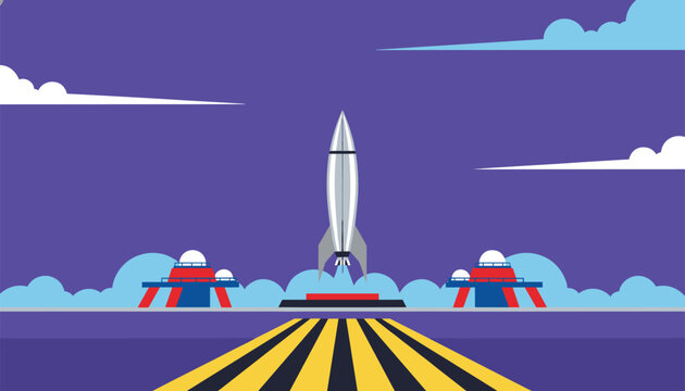 Space rocket standing on a launchpad ready for takeoff under a deep purple sky with cartoon clouds.