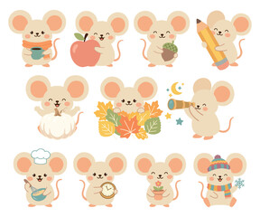 Fototapeta premium Set of cute kawaii little mouse characters in various activities and seasons