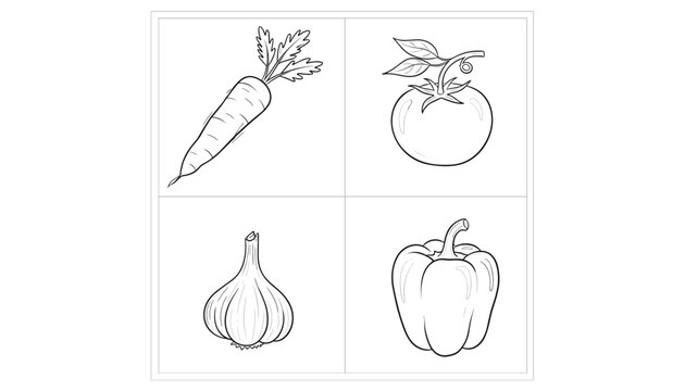 Scurry vector line art drawings of kitchen vegetables including a carrot, a ripe tomato, garlic bulb, and bell pepper.