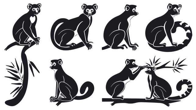 Black lemur silhouette collection, set of 8 exotic primate vector icons, wild Madagascar animal illustrations for nature conservation and zoo branding