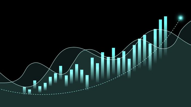 Abstract financial chart with rising bar graph and flowing wave lines animation