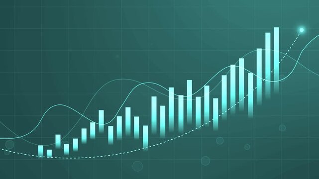Stylized financial growth chart with rising bar graph, curved trend lines glowing data point animation