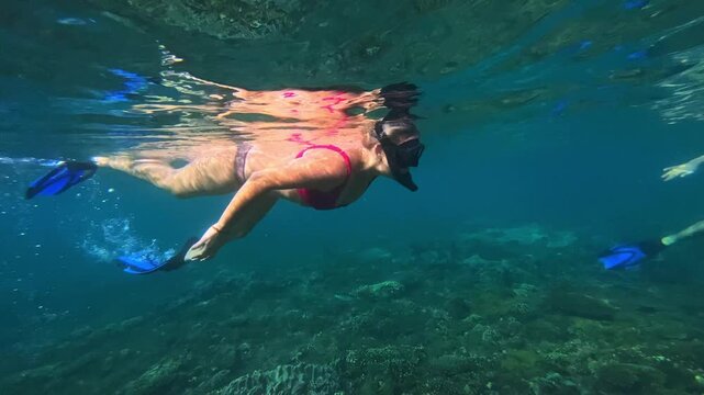 Woman snorkeling over bali coral reef, clear turquoise water, pink bikini, black snorkel mask, blue fins gliding above seabed teeming with tropical fish. Sunlight filters