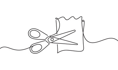 Obraz premium Continuous single line of a pair of metal scissors cutting a piece of paper, office stationery and craft tool, isolated on a white background, minimalist black ink