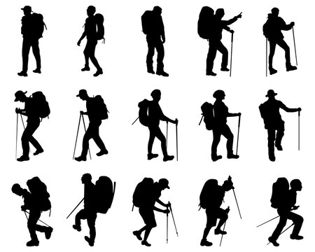 Set of silhouettes of hikers