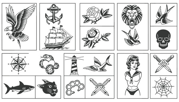 Classic vintage tattoo flash sheet designs featuring eagle, swallow, anchor, pirate ship, skull, snake, and dagger motifs.