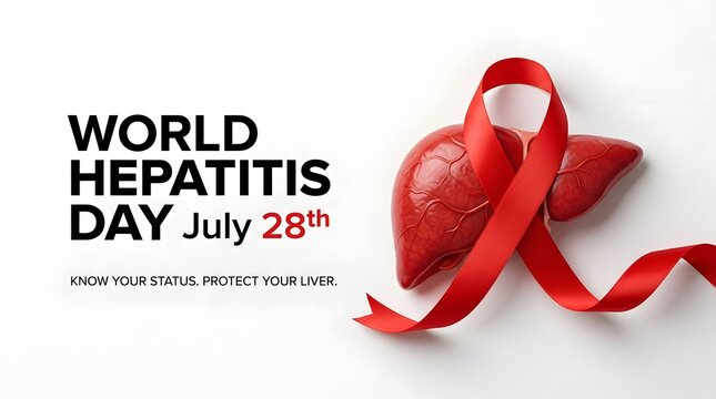 World Hepatitis Day july 28th medical awareness banner with realistic human liver anatomy and red ribbon with slogan text on white background