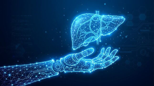 Human liver anatomy digital wireframe mesh with robotic AI hand cyber technology concept on blue background