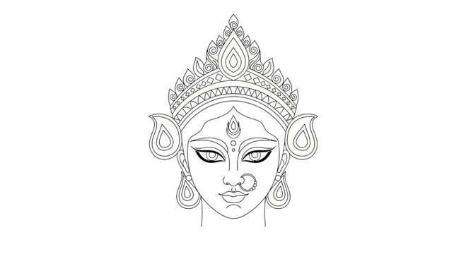 Line art illustration of the Hindu goddess Durga face with traditional crown.