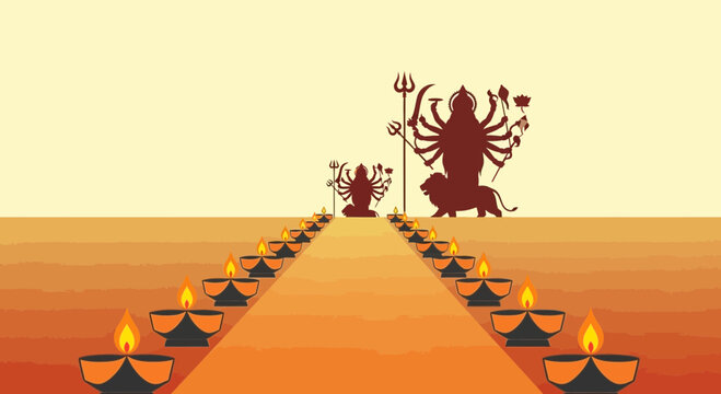 Goddess Durga and Ganesha silhouettes with traditional lit oil lamps.